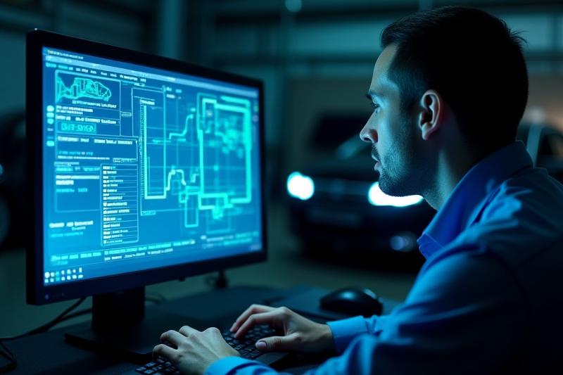 شاشة تعرض بيانات تشخيص إلكتروني للسيارة مع يد فني تعمل على لوحة المفاتيح.